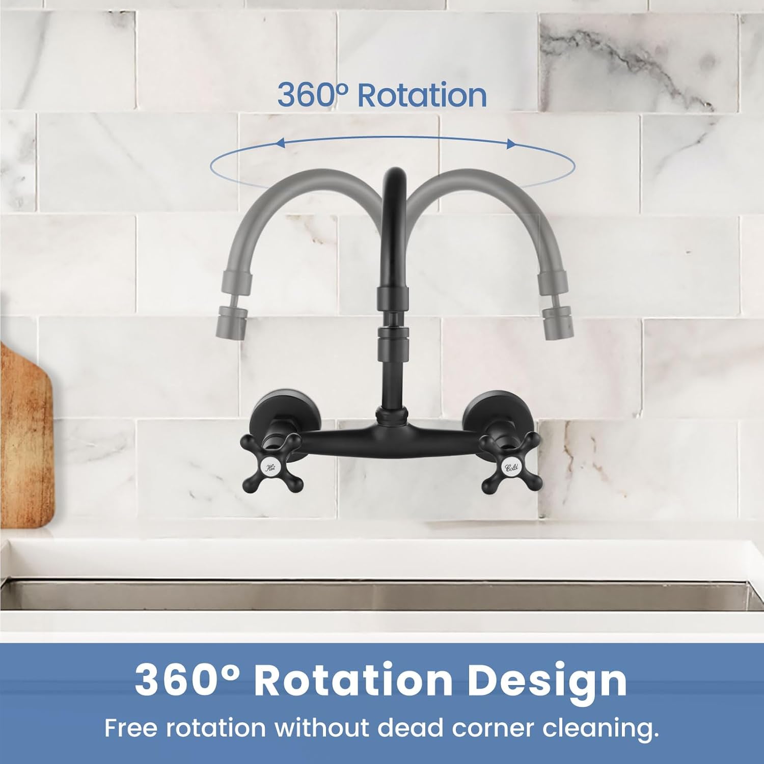 Airuida Wall Mount Kitchen Faucet with Sprayer Wall Mounted Kitchen Sink Faucet Double Cross Handles 360 Degree Swivel Spout Restaurant Mixer Tap Commercial 8 Inch Center Matte Black