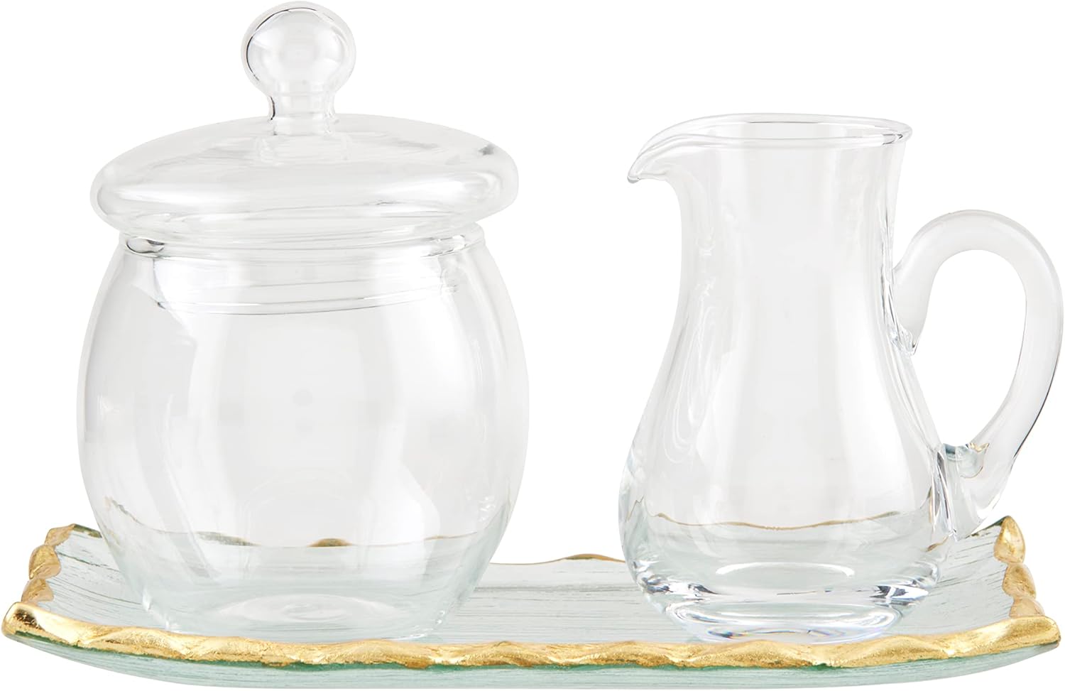 Mud Pie Gold Edge Glass Cream and Sugar Set; cream 5" x 2 1/2" | sugar 3" x 3" dia | tray 4" x 7"