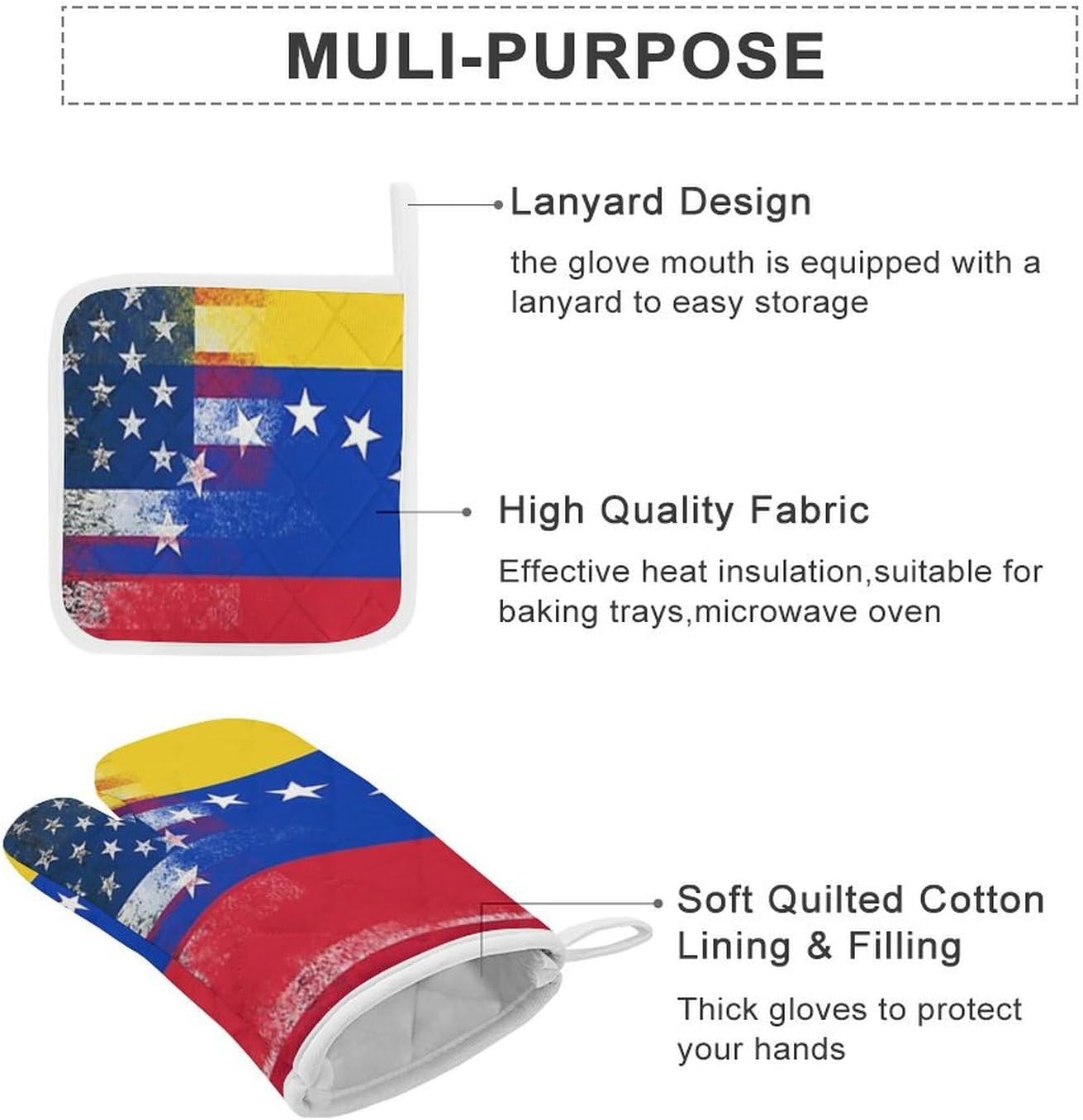 U.S.A Venezuela Flag Print Oven Mitts and Pot Holders 3 Piece Sets Heat Resistant Gloves Hot Pads Potholders for Kitchen Baking Cooking