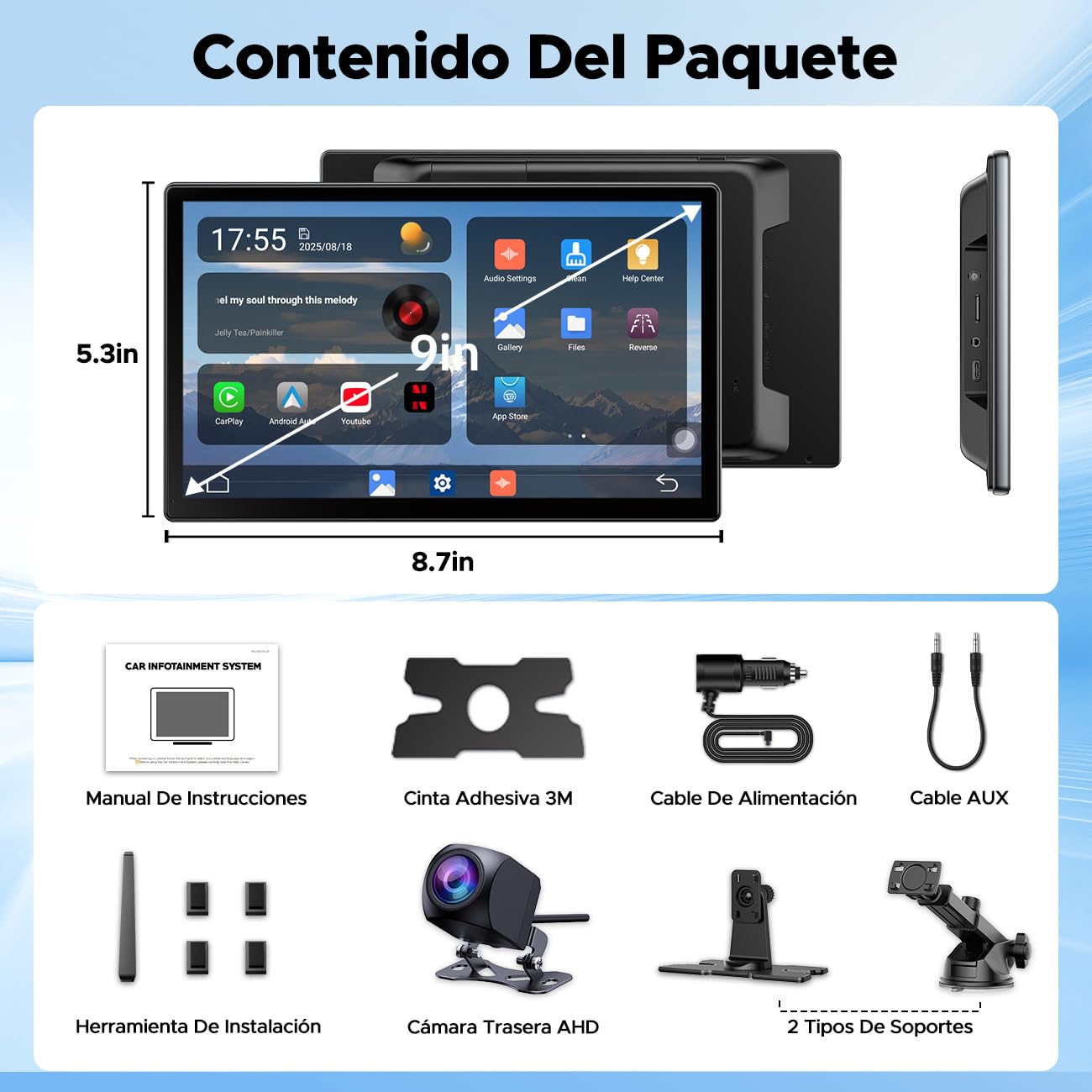 LAMTTO 3 en 1 Net-flix Carplay Android Auto Pantalla Coche con Youtube, Tiktok, Pantalla Táctil 9 pulgadas, Cámara de Respaldo Navegación Asistente de Voz Spotify Bluetooth AUX FM OTA