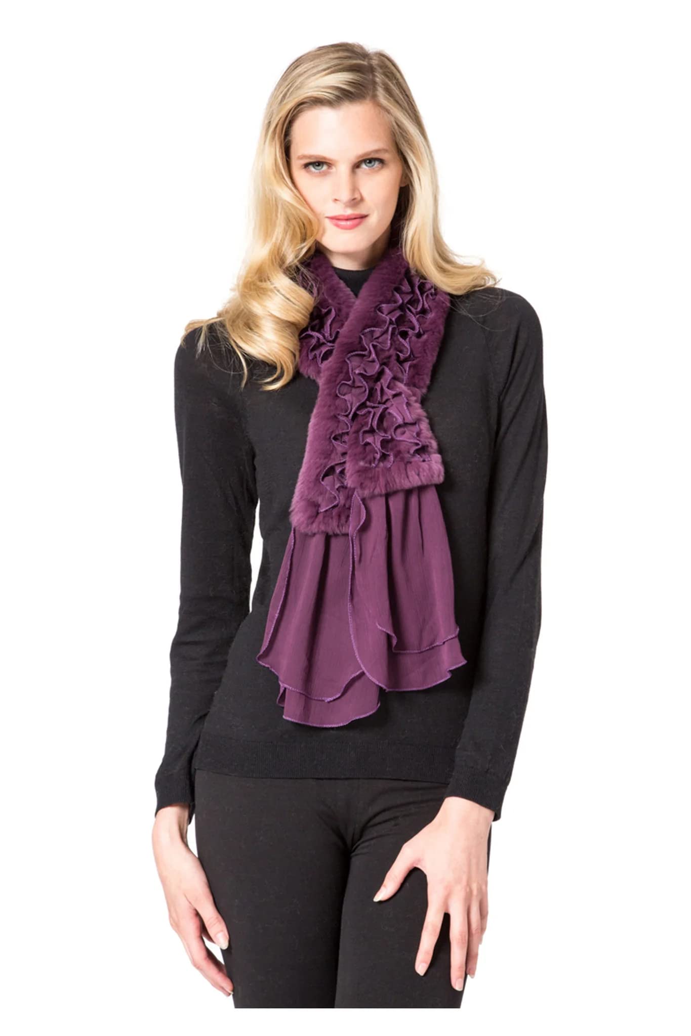 Cashmere Pashmina -Knitted Mink Scarf w Chiffon-Cashmere,Fur,Scarf,Scarves,Pashmina,Silk,Wool,fur scarf,cold (Deep Purple)-picture-16