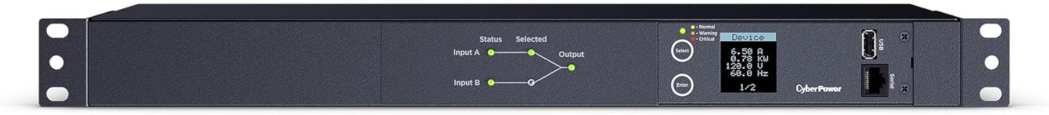 CyberPower PDU24001 Metered ATS PDU, 100-120V, 15A (Derated to 12A), 10 Outlets, 1U Rackmount