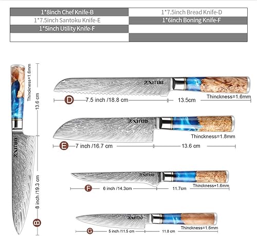 Miniatura 2 de XT XITUO Cuchillo de acero de Damasco, juego de 5 piezas, colección Tsunami, núcleo de acero japonés VG10 de 67 capas, mango único de madera de