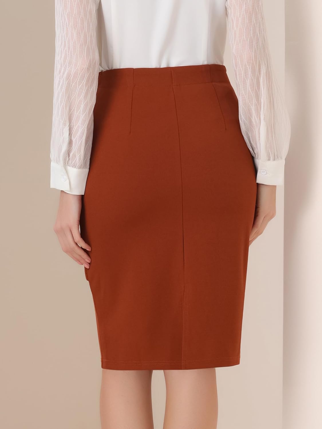 Allegra K Wear to Work Skirt for Women's 2025 Ruched High Waist Knee Length Pencil Bodycon Skirts - Image 3