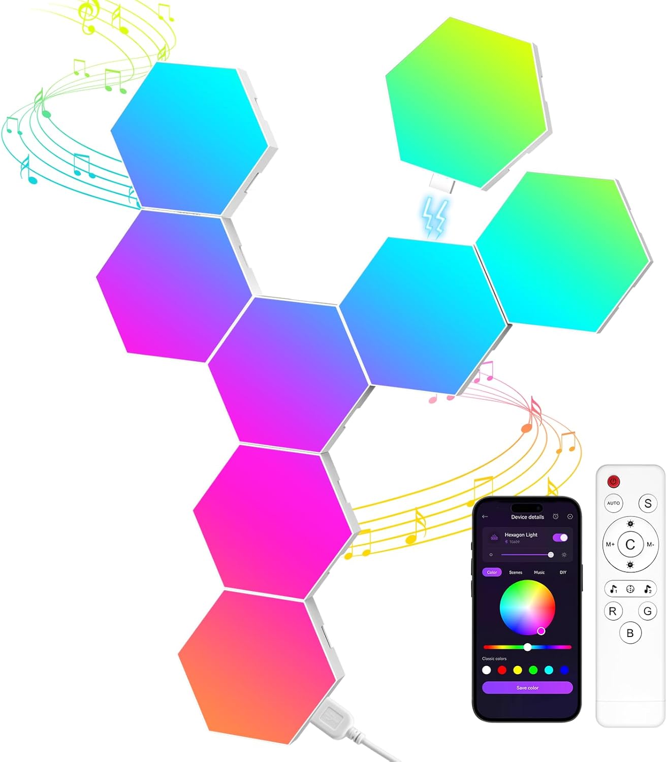 Hexagon LED Light Panels 8 Pack – Smart RGB Wall Lights with APP & Remote Control – Music Sync Modular Gaming Lights for Bedroom, Living Room, Wall Decor ?Hexagon Lights - 8 Pack