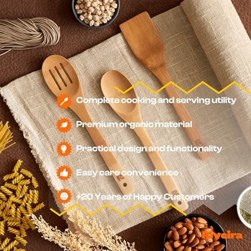 Riveira Dark Bamboo Wooden Spoons for Cooking 3-Piece, Apartment Essentials Wood Spatula Spoon Nonstick Kitchen Utensil Set Premium Quality Housewarming Gifts for Everyday Use — view 5