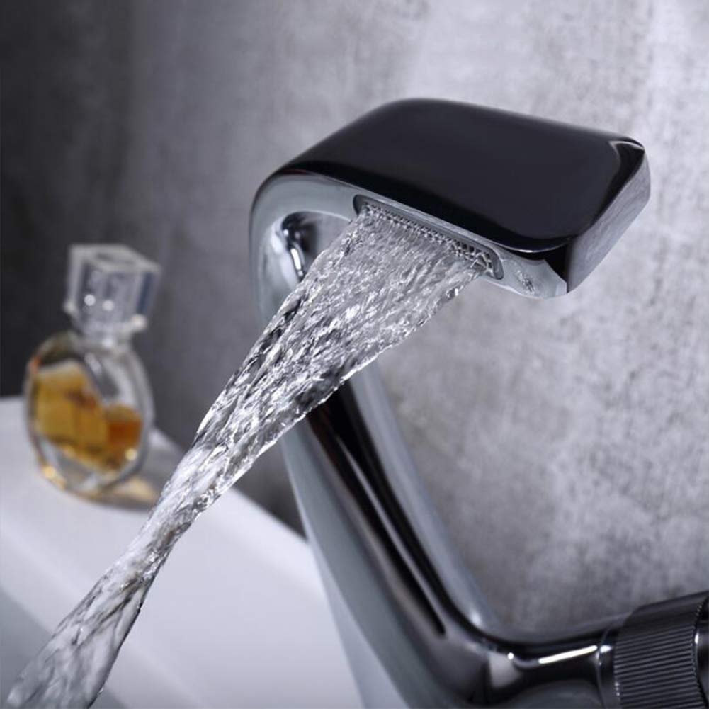 Wasserfall Wasserhahn Bad - Waschtischarmatur, Schwarz Modern Messing Mischbatterie, Kaltes Und Heißes Wasser Vorhanden, Geeignet Für Badezimmer Und Waschbecken, Einhand-Waschtischbatterie, Badarmatur