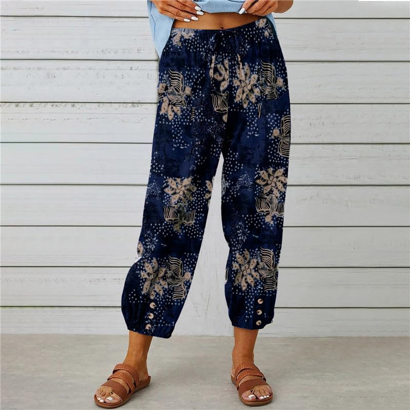Women's Summer Linen Pants Floral Print Elastic Waist Cropped Pants Drawstring Capris Beach Trousers with Pockets2