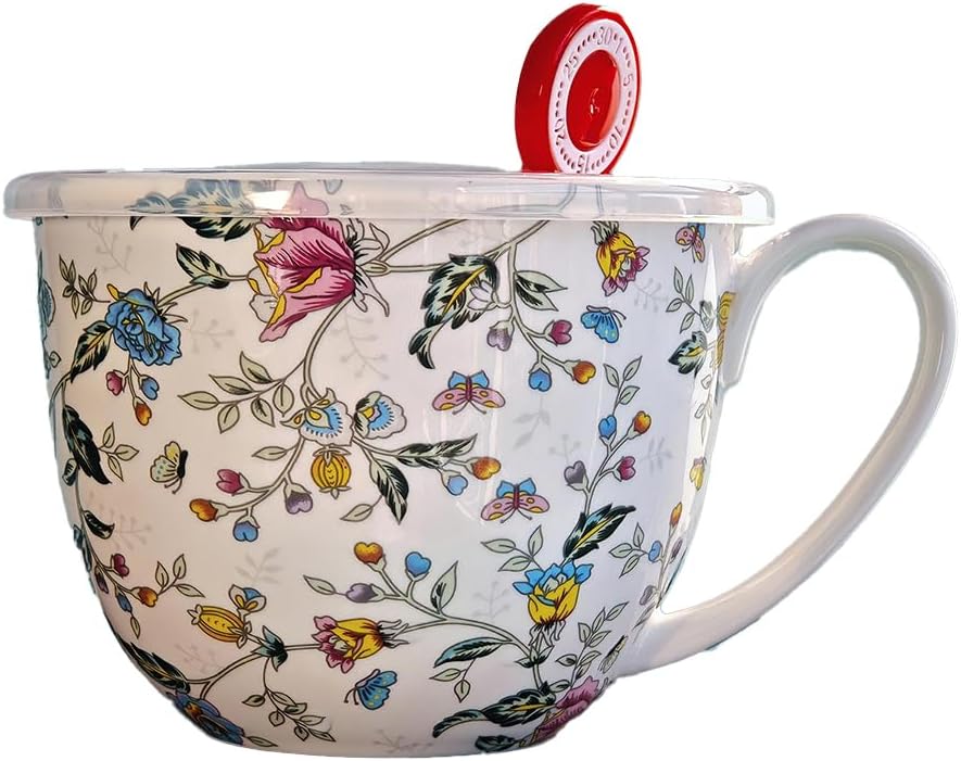 Lightweight Large Soup Mug with Lid Microwave Safe Bone China Soup Bowls with Handles, 21 fl oz Big Coffee Cup For Tea, Cereal, Soups, Large Handle for Comfort, Floral Design Gift for Women