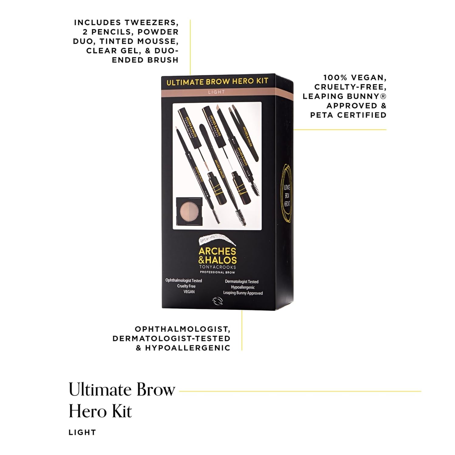 Arches and Halos Ultimate Brow Hero Kit - Pencil, Powder, Spoolie, Brush, and Tweezer Kit for Perfect Eyebrows - Includes Five Essential Eyebrow Care Tools - Professional Grade Design - Light - 1 pc
