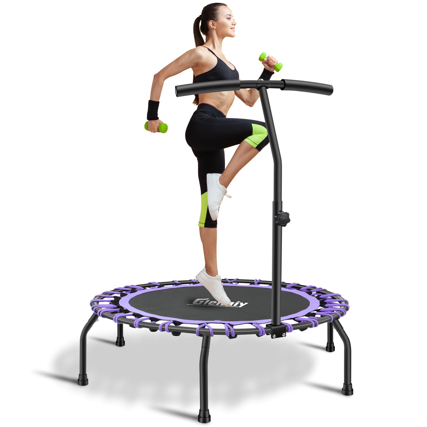 Gielmiy Fitness trampolín Ø Aprox. 101cm, con Manillar Ajustable Fitness rebounder para Fitness en Interiores, Sistema de diseño de Cuerda elástica, Peso del Usuario hasta 150kg