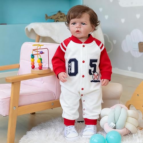 iCradle Toddler Reborn Doll Boy 24 Inch Reborn Baby Doll Silicone Baby Dolls Brown Hair with Blue Eyes Weighted Handmade Doll Toys for Children Gifts