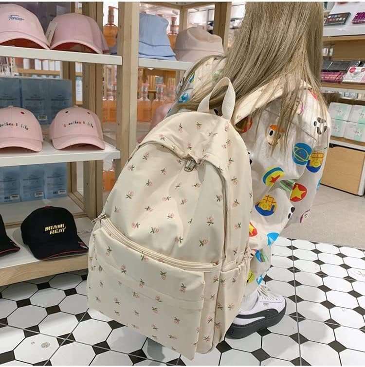 Color White Kakarin choyx 2025 Cute Preppy Bag Floral Printed Kawaii Backpack Cottagecore Aesthetic Backpack Laptop Daypack (White)