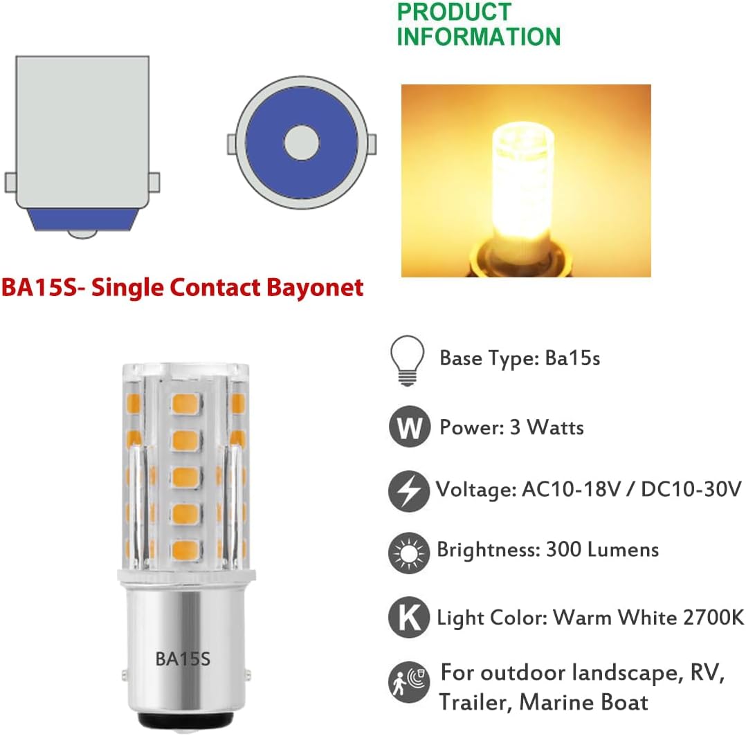 12V BA15S Led Bulbs,1156 1141 DC Bayonet Single Contact Base, 3W AC/ DC12V Low Voltage BA15S Bulb for Landscape RV Camper Interior Marine Boat Trailer Lights,Warm White 2700K, Pack of 3