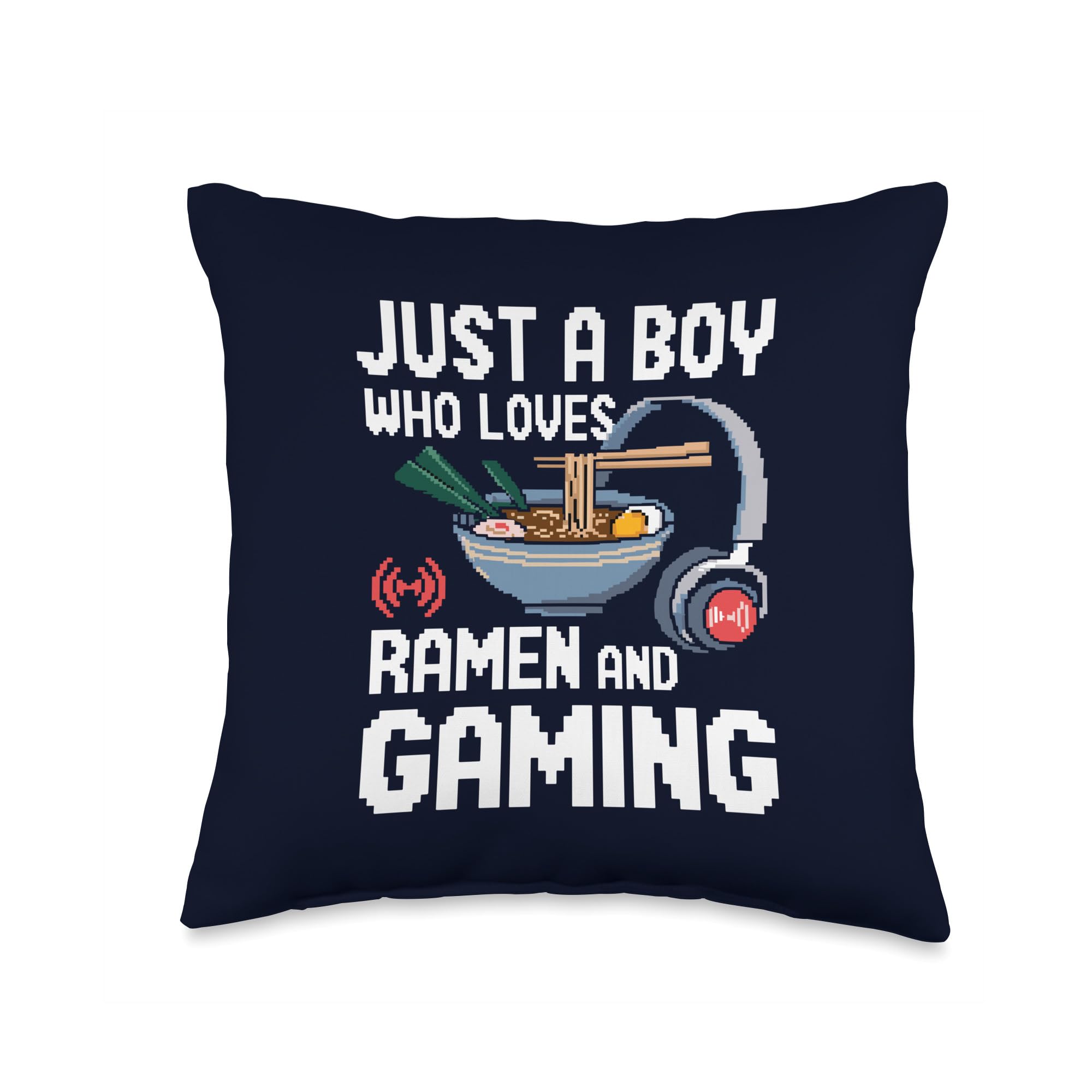 Just Boy Who Loves Ramen and Gaming Headphones Fun Gamer Boy Throw Pillow