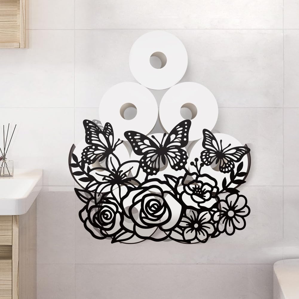 WADORN Flowers & Butterflies Metal Toilet Paper Holder for Extra 8 Rolls, Black Toilet Tissue Storage Decorative Toilets Paper Rolls Organizer Wall Mounted for Bathrooms Home Housewarming Gifts