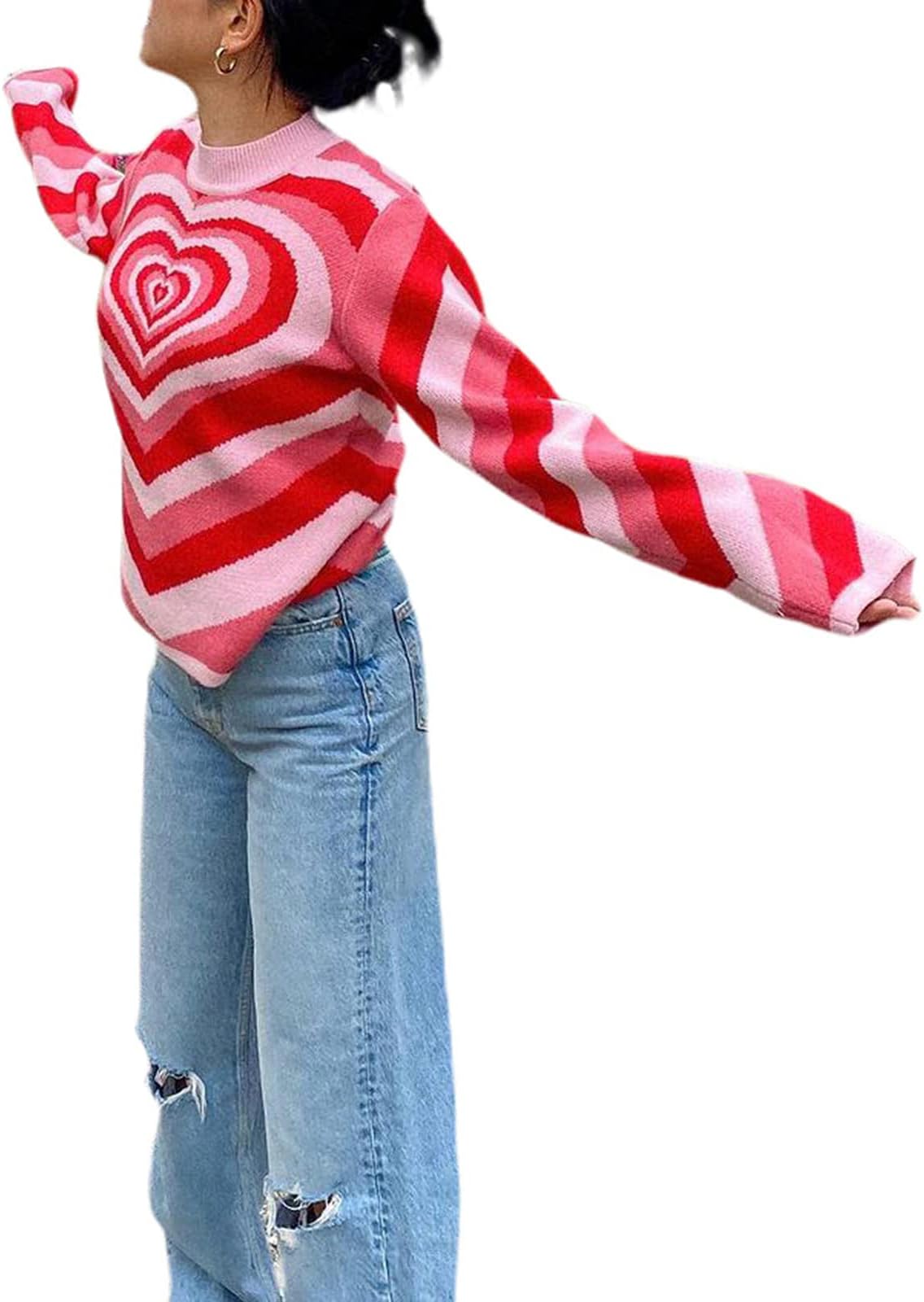 SOLILOQUYWomen Argyle Oversized Sweaters Casual Crew Neck Geometric Pattern Knitted Pullovers Jumper Vintage Streetwear