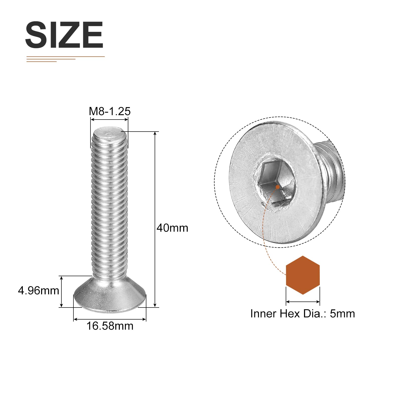 DTGN M8-1.25 x 40mm Flat Head Socket Cap Screws, 10 Pack 304 Stainless Steel Hex Socket Flat Head Screws, Full Thread - Image 2