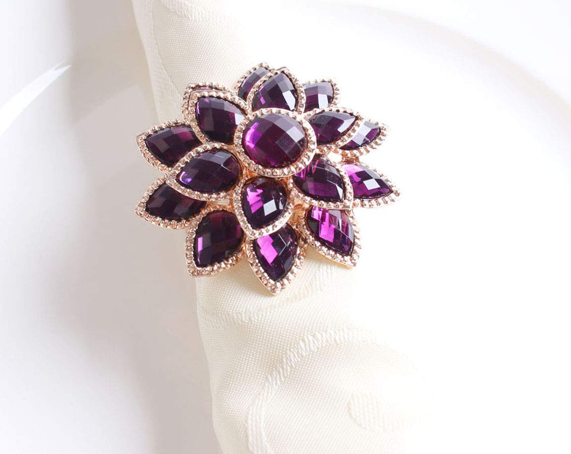Fennco Styles Rhinestone Crystal Flower Napkin Rings Wedding Holiday Table Decoration - Set of 4 (Purple Crystal Flower)