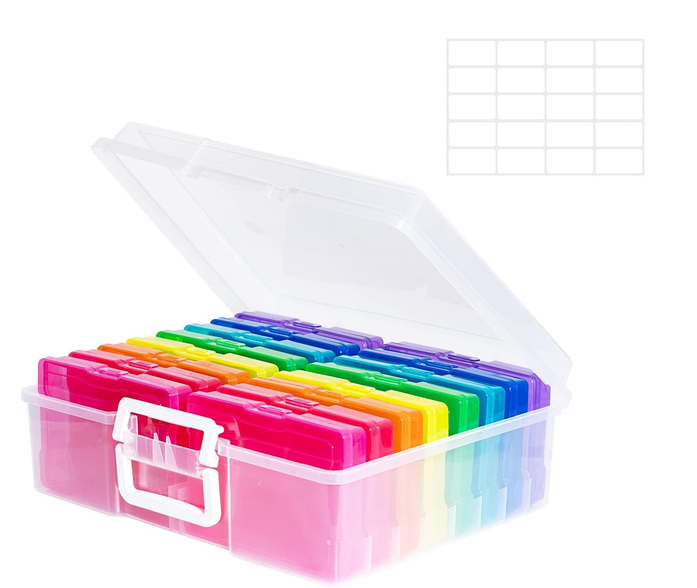 Fotoaufbewahrungsbox mit 16 innere Fotohalter, 17 × 12 cm Fotoetui, Mehrfarbige Durchsichtige Fotoboxen, zur Aufbewahrung von Saatgut Handwerk Karten, Bürobedarf (1×Aufkleber)