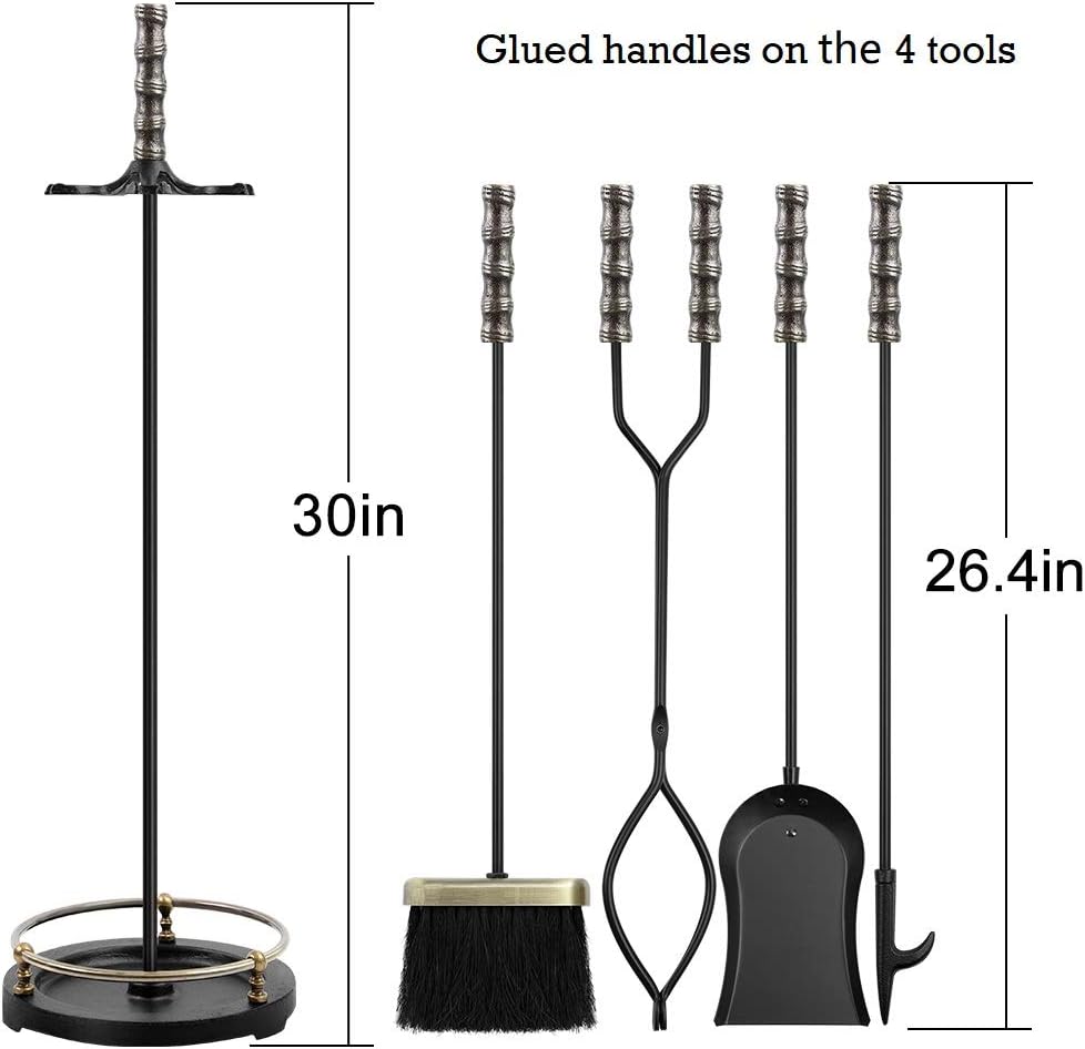 Amagabeli 30in Fireplace Tools Set Brass Handle 5Pieces Wrought Iron Indoor Fireset Stand Wood Log Holder Outdoor Fire Pit Hearth Accessories Kit Antique Fire Tongs Shovel Brush Chimney Poker Tool Set