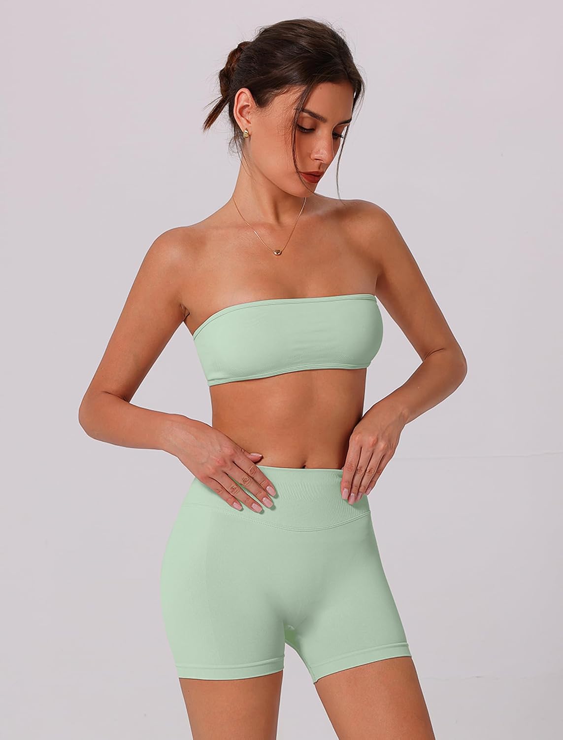 ABOCIW Workout Sets for Women Backless Bandeau Sports Bra Seamless Scunch Butt Lifting High Waist Biker Shorts Gym Set - Image 4