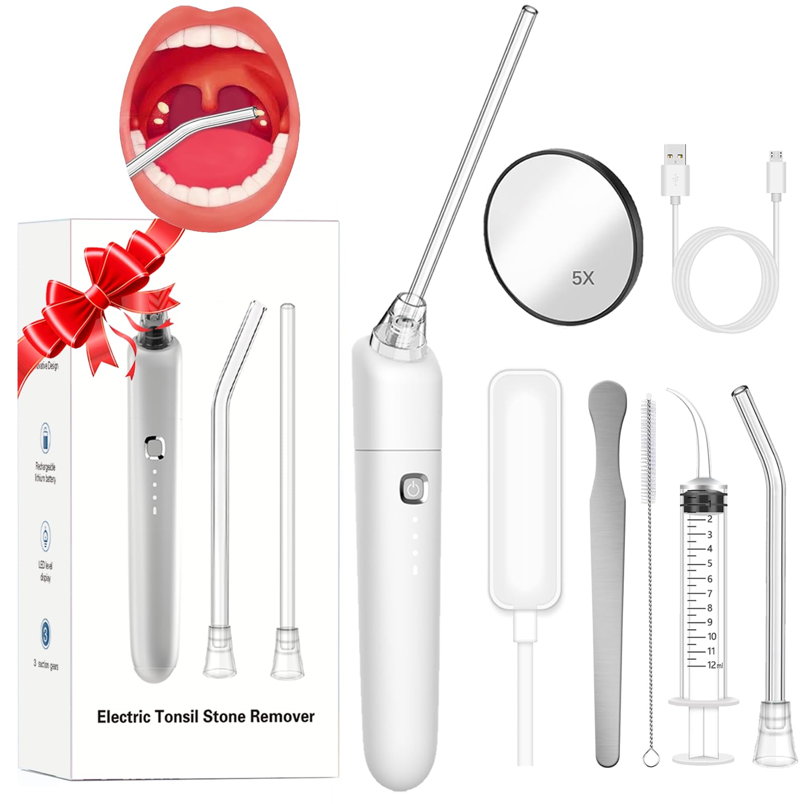Electronic Tonsil Stone Remover - 9PCS Tonsil Stone Removal Kit Vacuum with Oral lamp, Irrigation Syringe