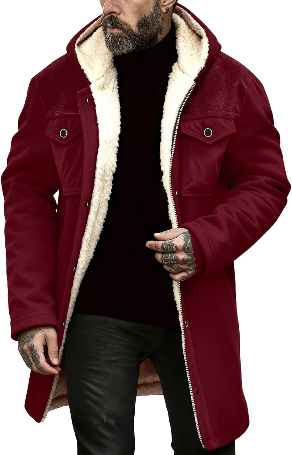 Trench Coat Men Western Cowboy Vintage Suede Jacket Faux Leather Winter Long Jackets Retro Plush Collar Zip Up Outwear