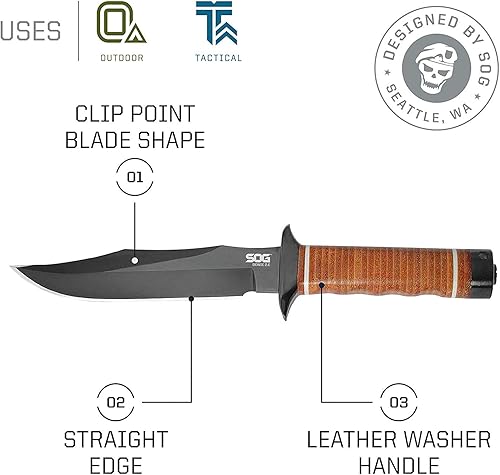 Miniatura 2 de SOG Bowie 2.0 Cuchillo táctico de hoja fija con hoja de 6.4 pulgadas, cuchillo de caza con revestimiento TiNi y acero AUS-8, funda de cuchillo de