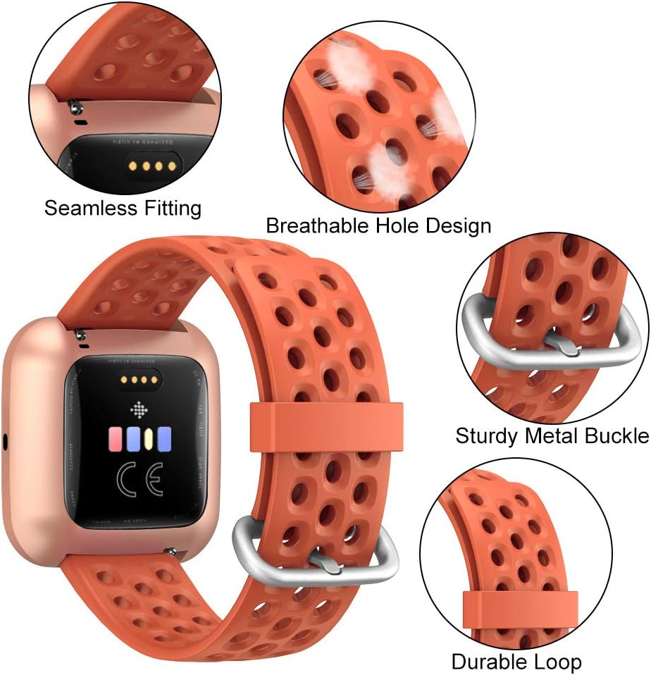 CAVN Sport Bands Compatible with Fitbit Versa 2 / Versa/Versa Lite Bands for Women Men, Soft Waterproof Breathable Silicone Replacement Smart Watch Strap, Orange, L(6.5-9.1in)