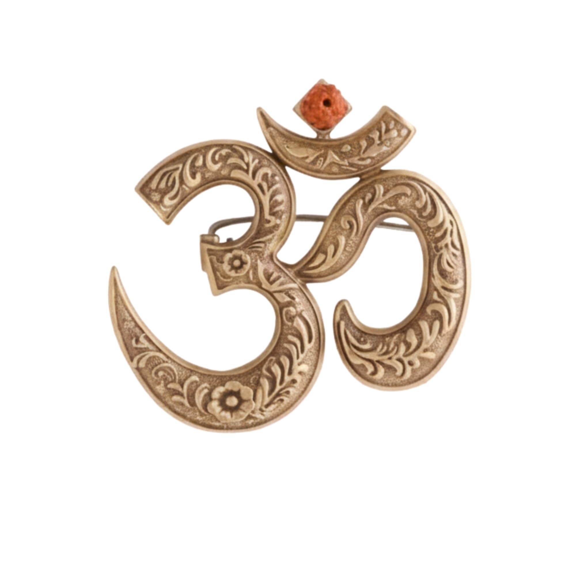 Floral Engraved Omkara Brooch - Antique Gold Sacred Om Lapel Pin with Rudraksha Accent-image-49