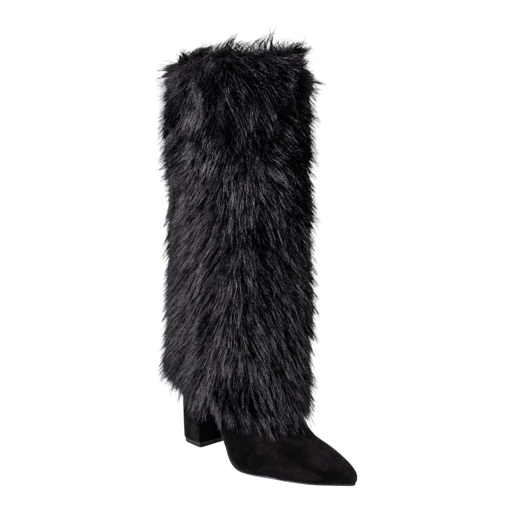 Women Faux Fur Knee High Pointed Toe Chunky Block Heel Boots Fluffy Winter Fashion Boots