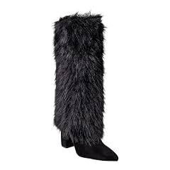 Women Faux Fur Knee High Pointed Toe Chunky Block Heel Boots Fluffy Winter Fashion Boots