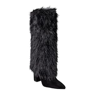 Women Faux Fur Knee High Pointed Toe Chunky Block Heel Boots Fluffy Winter Fashion Boots