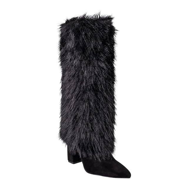 Women Faux Fur Knee High Pointed Toe Chunky Block Heel Boots Fluffy Winter Fashion Boots