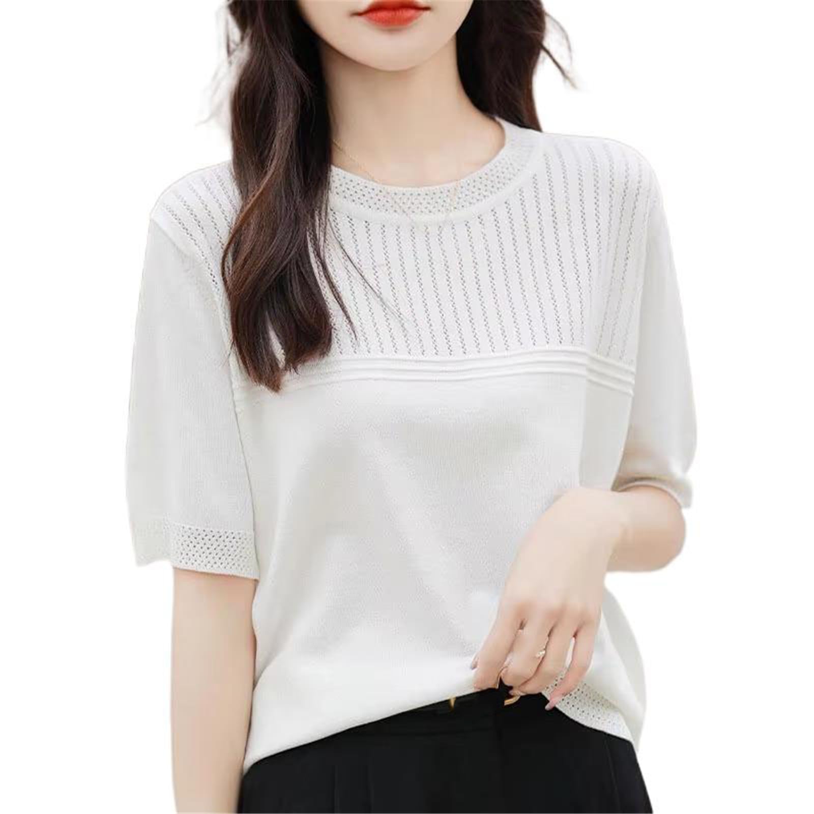 Maglia Morbida Donna Traforata, Top a Maniche Corte e Collo Tondo Morbido per Estate