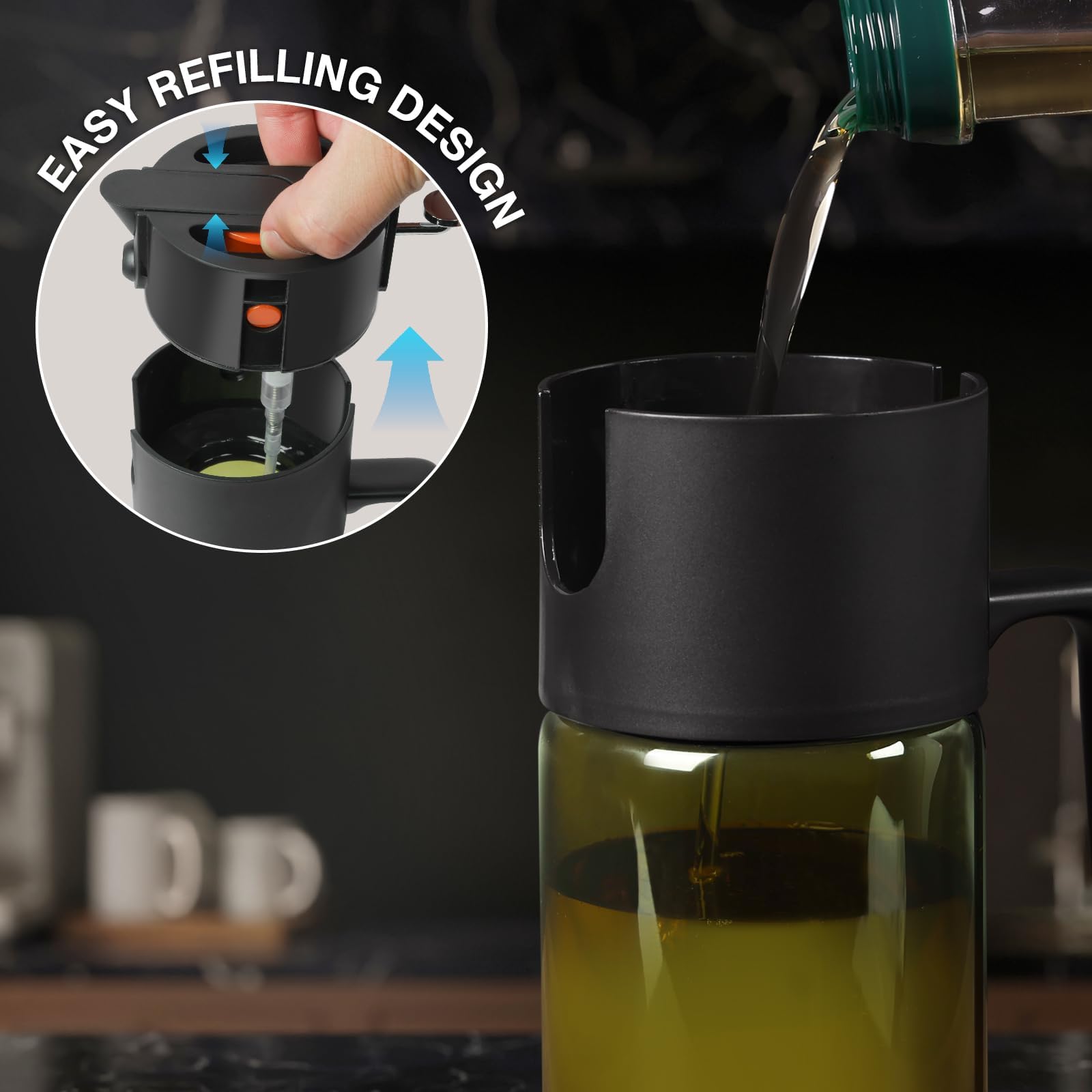 Pulverizador de aceite 2 en 1 de 500 ml para cocinar con calcomanías, botella dispensadora de aceite de oliva de vidrio para cocina, spray continuo con control de porciones, perfecto para freidora de
