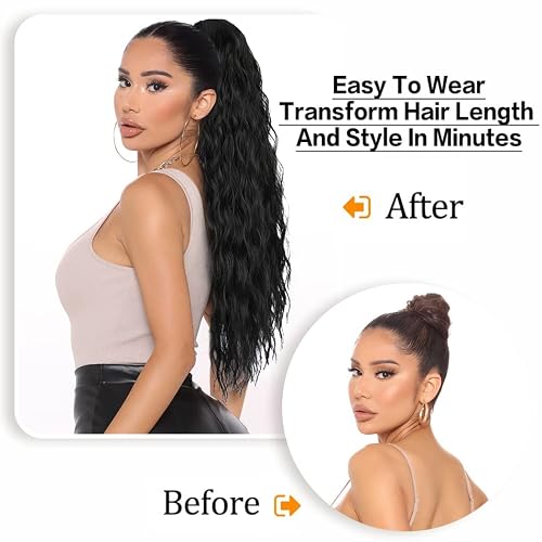 Stamped Glorious 26 Inch Long Wavy Black Drawstring Ponytail Extension For Women Synthetic Long Curly Ponytail Hair Extensions Natural Soft Hair Pieces For Daily Party Use #TOP2