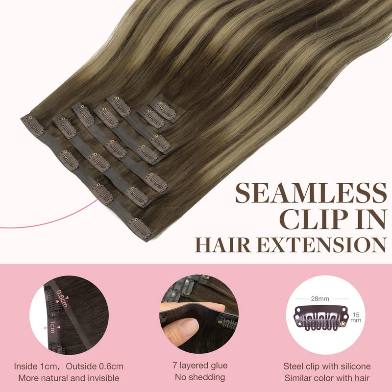 Image of GOO GOO Clip in Hair Extensions Real Human Hair, Remy Human Hair Extensions Clip ins for Women, Natural Human Hair, 22inch 110g 7Pcs, 4 /26 /4 Balayage Chocolate Brown to Honey Blonde