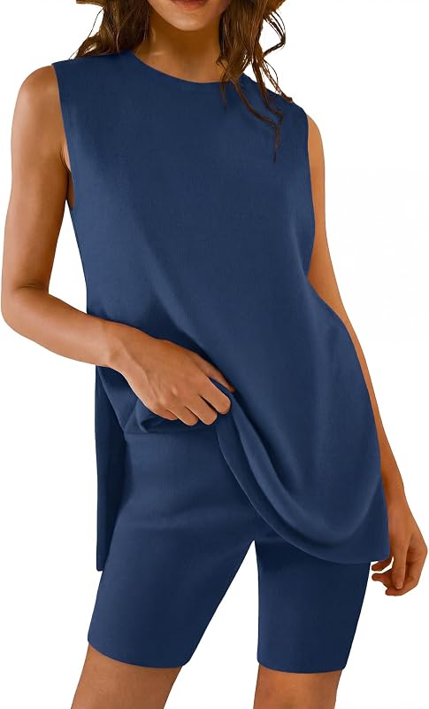 Set di 2 pezzi da donna, elegante, estivo, senza maniche, 2 pezzi, corto, casual, sportivo, alla moda
