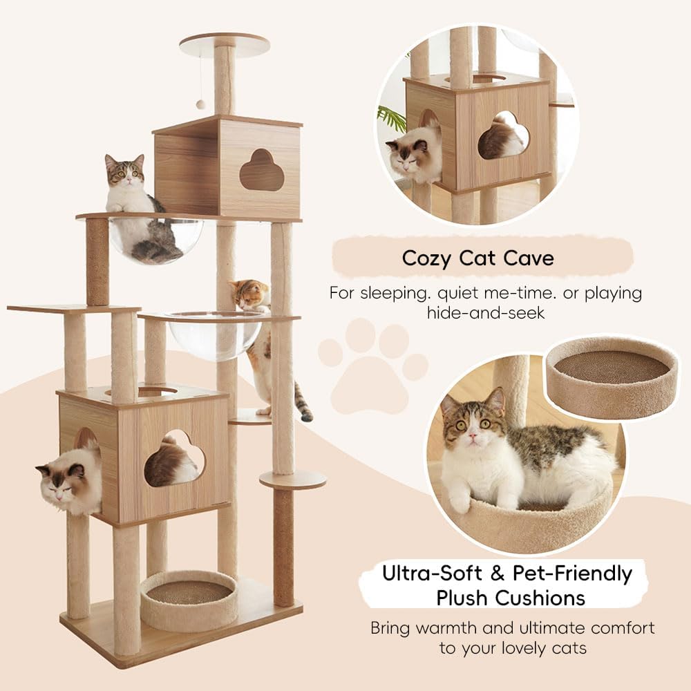 review Wooden Cat Tree,70-Inch Modern Cat Tower for Indoor Cats, Wooden Cat House with 2 Caves,Toys,cat condo,Cat Jumping Platform