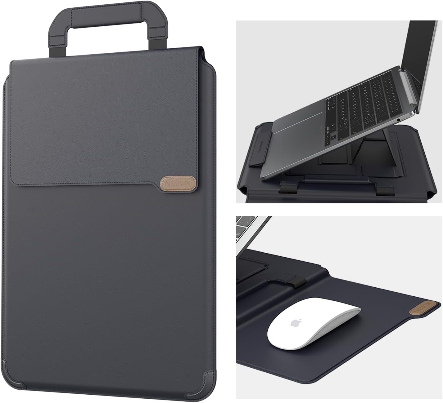 Nillkin Upgraded 13-14 Inch Laptop Sleeve Case for MacBook/Dell/HP/Lenovo/Asus, Unique Slim Travel Computer Bag with Adjustable Stand & Mouse Pad, Magnetic Handle, PU Leather, Black