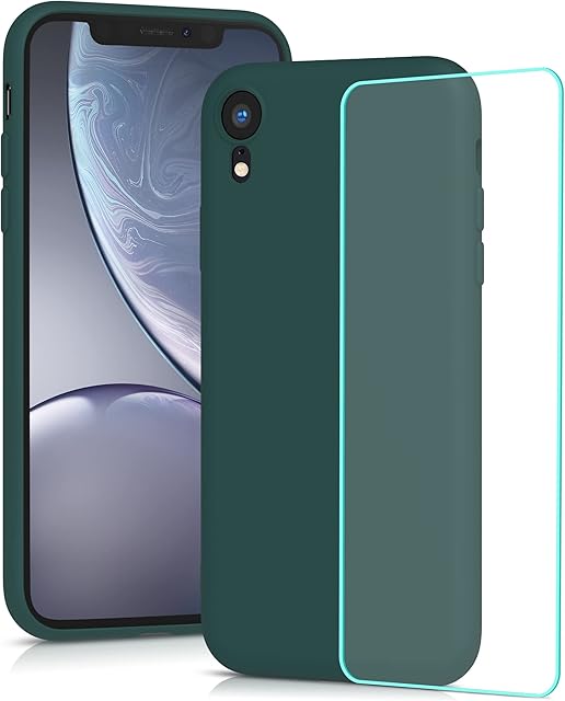 YATWIN Silicone Case for iPhone XR with Screen Protector, Soft-Touch, Shockproof, DustProof, Antiskid Full Body Armour Phone Cover for Apple iPhone XR - Dark Green