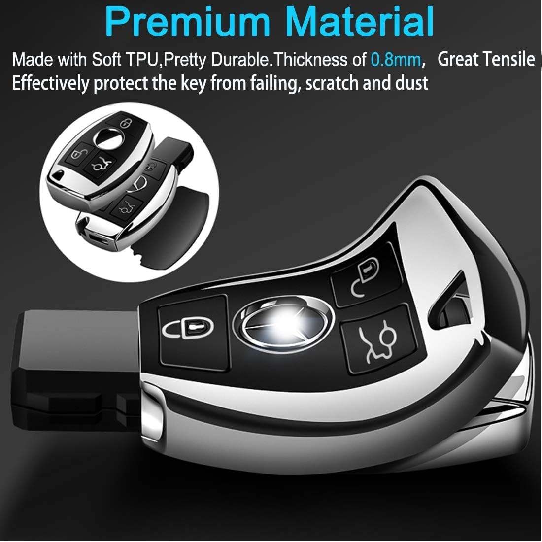 Intermerge for Mercedes Benz Key Fob Cover, Premium Soft TPU Key Case Cover Compatible with Mercedes Benz C E S M CLS CLK G Class Keyless Smart Key Fob_Silver - Image 2