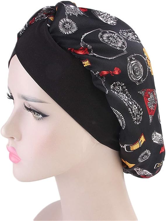 Qianmome Unisex Open Wide Elastic Band Satin Pocket Bonnet Silky Dreadlock Braids Baggy Long Cylinder Sleeping Cap