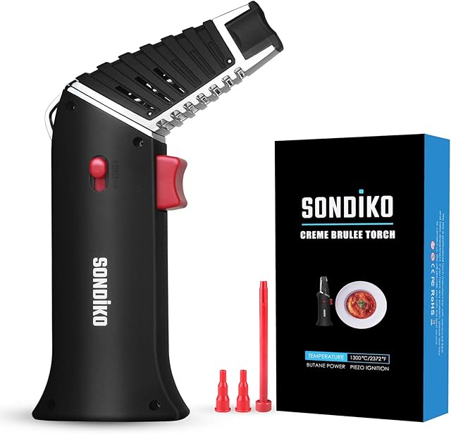 Sondiko Blow Torch S928, Kitchen Blow Torch Lighter with Rotatable Torch Head, Safety Lock, Adjustable Flame for Creme Brulee, BBQ, Baking, Dab(Butane Gas Not Included)