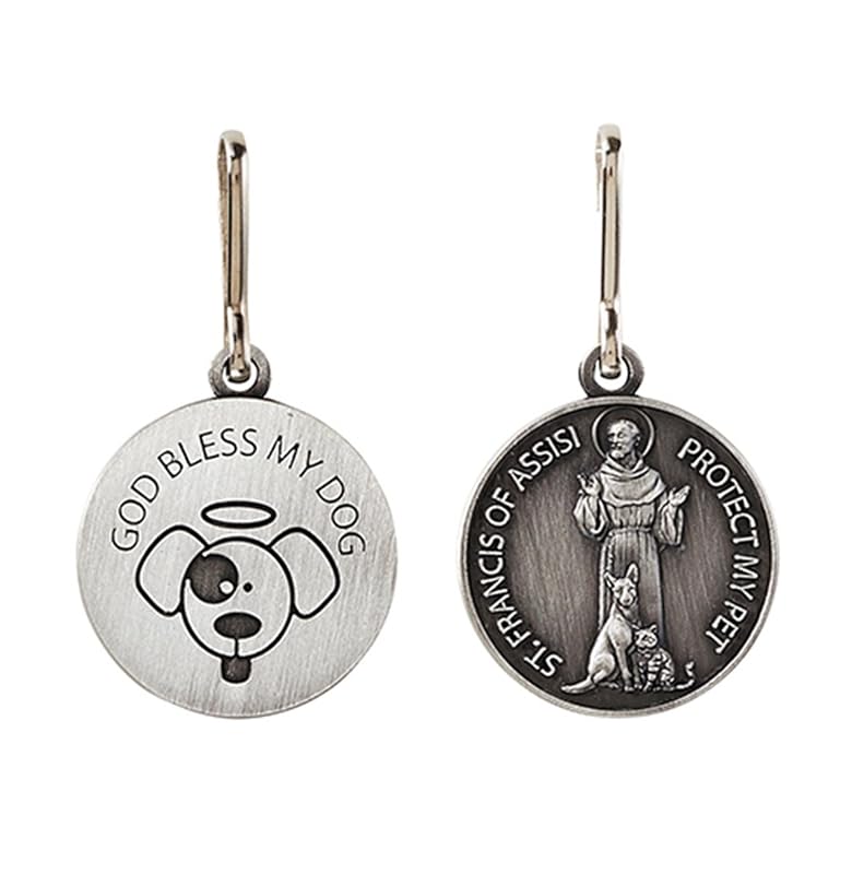 Medalha para Coleira de Cães São Francisco de Assis, Dupla Face, Acabamento Prateado, 2,54 cm