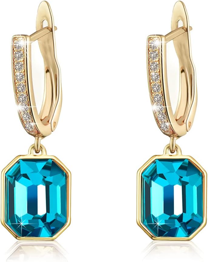 Austrian Crystal Octagon Leverback Drop Earrings for Women 14K Gold Plated Hypoallergenic Jewelry