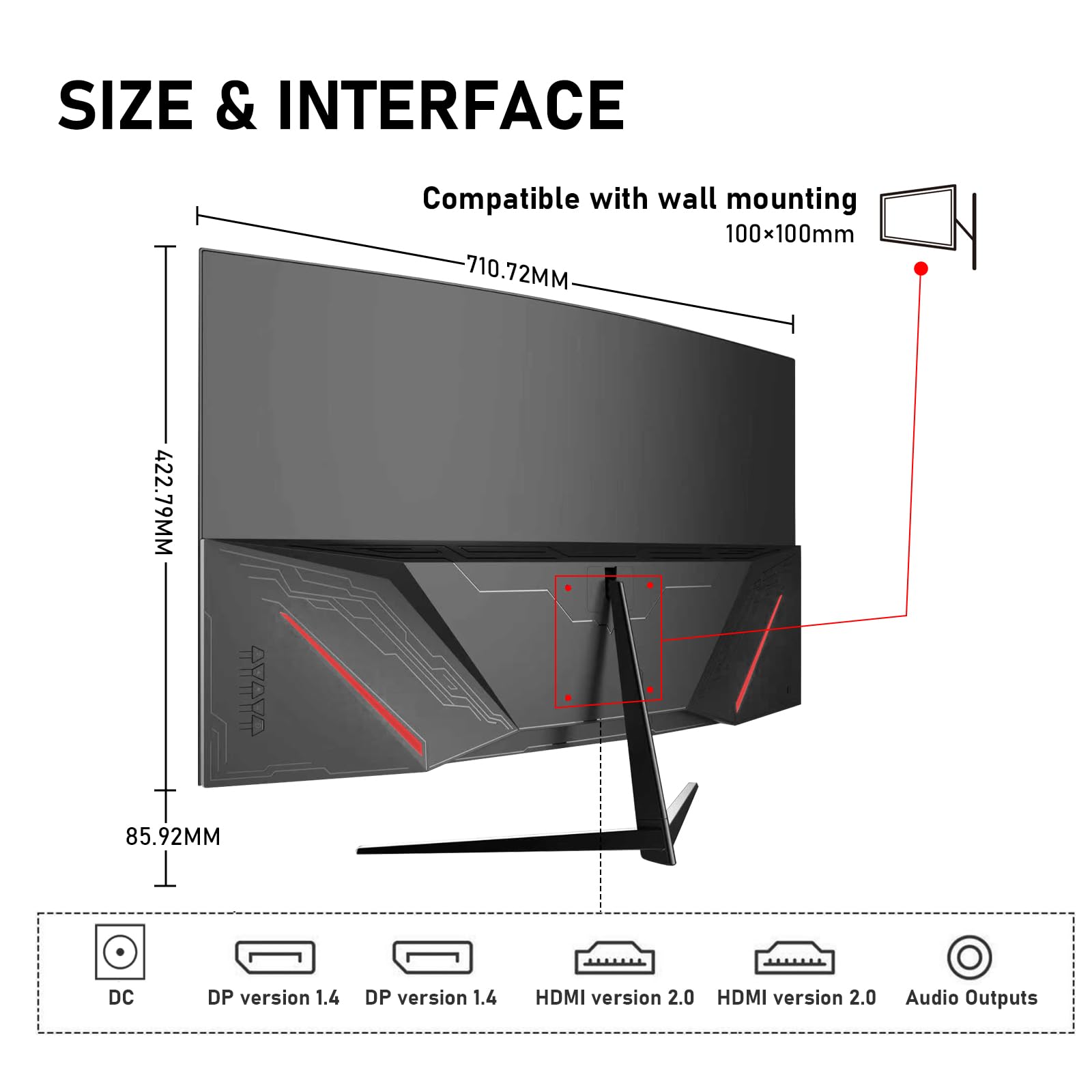 Gawfolk 32 Inch 4K UHD Curved 1500R Computer Monitor, Ultra-Clear (3840×2160p) Screen, 100% sRGB, 178° Viewing Angle, DisplayPort 1.4, HDMI 2.0, Compatible with Wall Mounting 100 * 100MM - Black — view 6