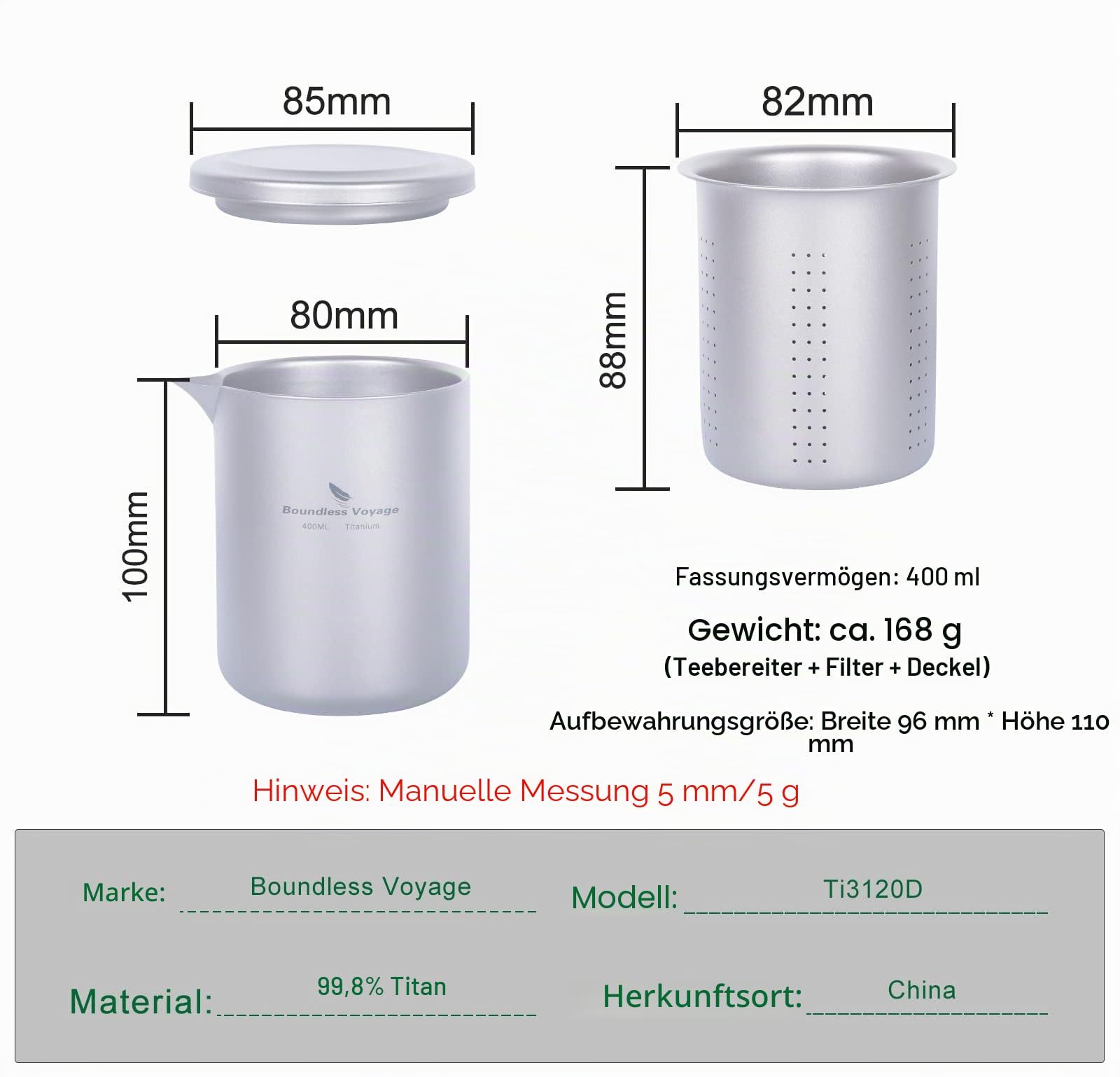 iBasingo Titan Tee Set Doppelschicht Tee Maker Leichte Teekanne mit Filter Outdoor Camping Reise Portable Teetasse Becher Home Küche Tee Dinge Metall Drinkware mit Infuser für Losen Tee Ti3120D